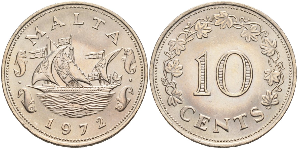 Мальта 10 центов 1972 баржа Великого магистра KM 11 медно-никель UNC 4587-712