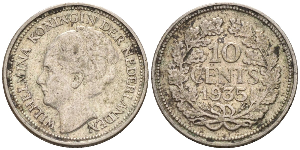 Нидерланды 10 центов 1935 Вильгельмина I (1890-1948) КМ 163 серебро 4547-931