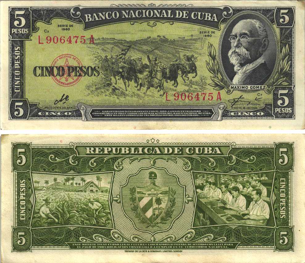 Куба 5 песо 1960 Максимо Гомес, всадники, табачная плантация, сигарная фабрика Pick 91с бумага 7191-26-1-2