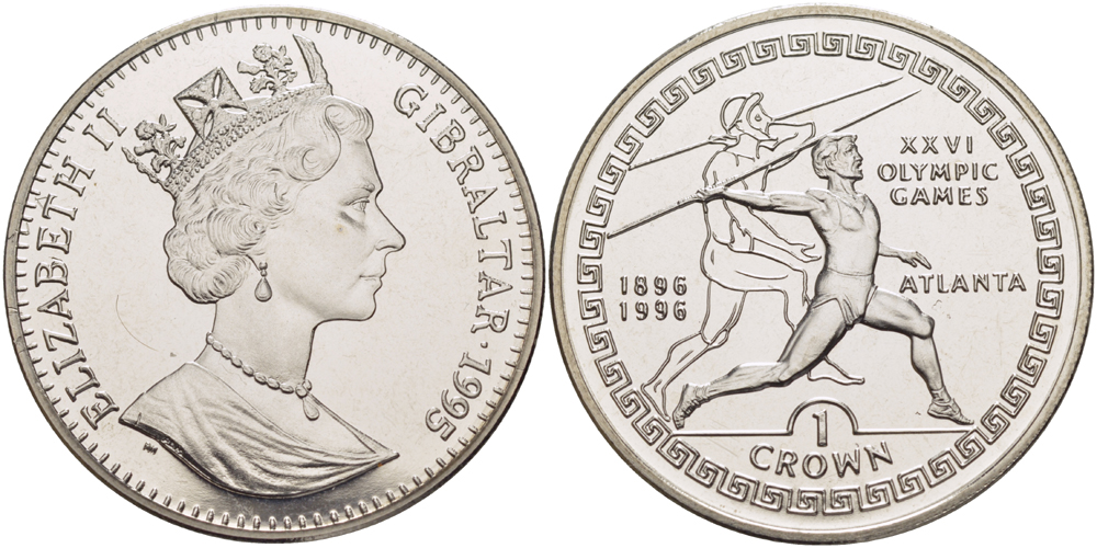 Гибралтар 1 крона 1995 XXVI Олимпийские игры в Атланте 1996 года, копьеметатель, 100 лет Олимпийскому движению (1896-1996) KM 302 медно-никель BUNC 1084-9-12
