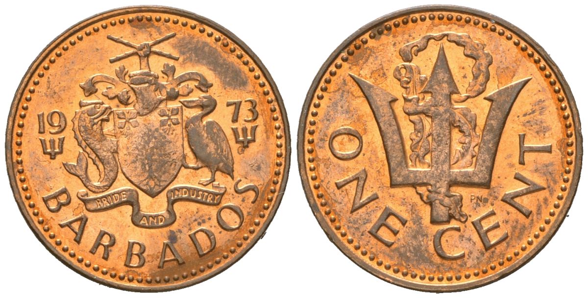 Барбадос 1 цент 1973 сломанный трезубец Британии KM 10 бронза aUNC 4609-1264