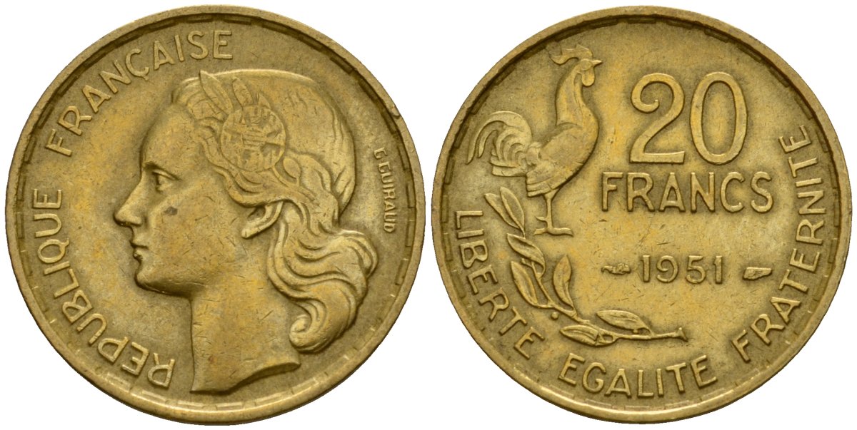 Франция 20 франков 1951 KM 917 алюминиевая бронза 4601-735