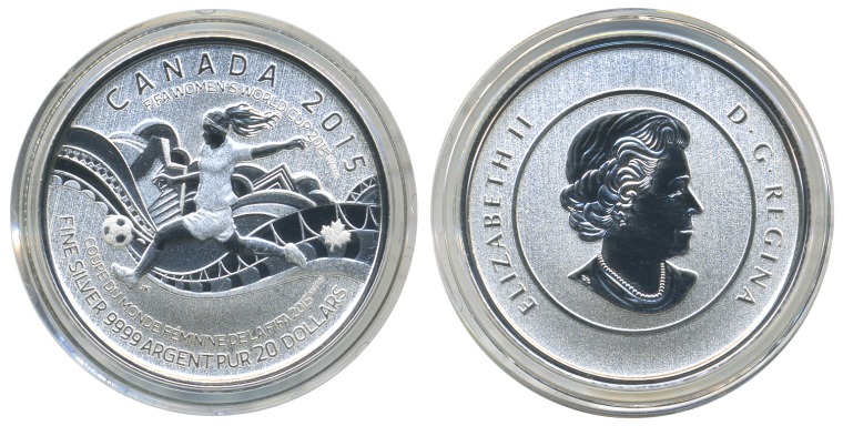 Канада 20 долларов 2015 FIFA, чемпионат мира по женскому футболу, в оригинальном буклете KM NEW серебро PROOF 6-6-2-14