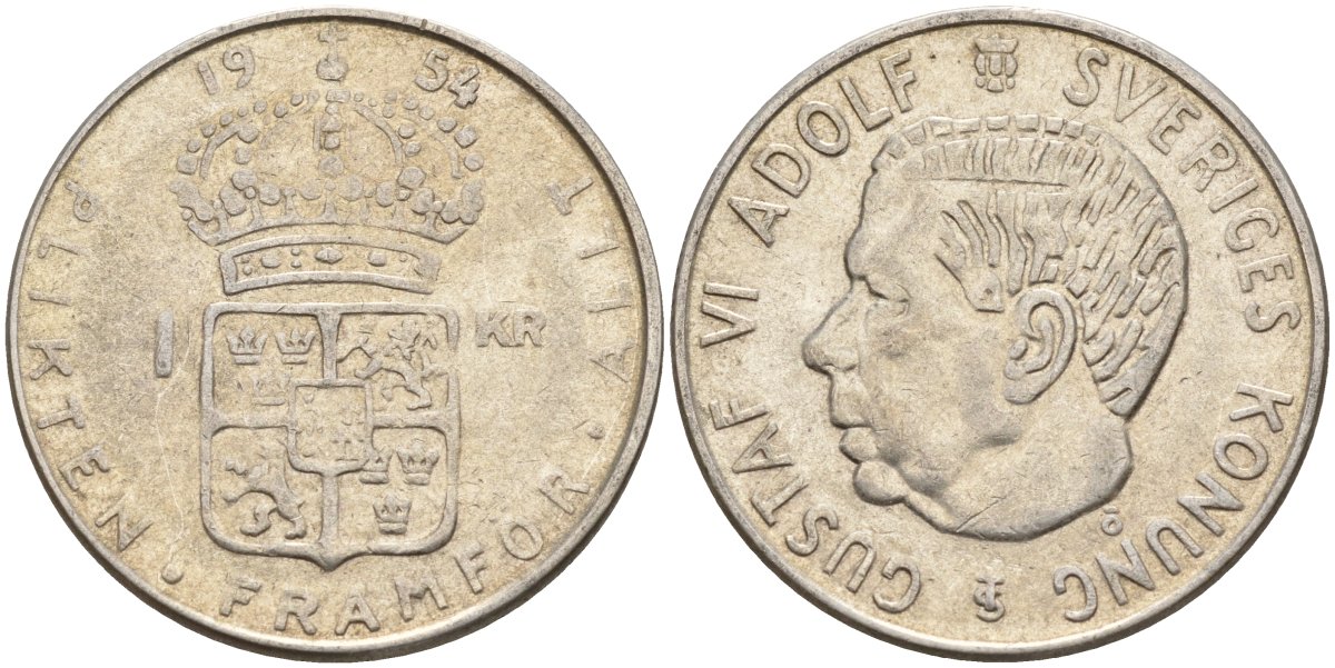 Швеция 1 крона 1954 TS, Густав VI Адольф (1950-1973) KM 826 серебро 4148-1143