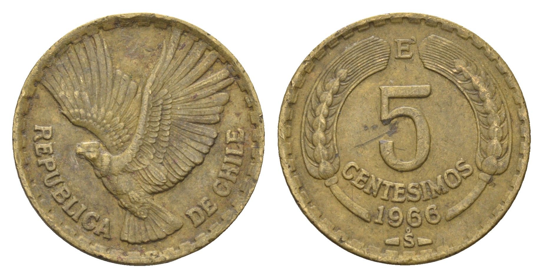 Чили 5 сентесимо 1966 KM 190 алюминиевая бронза 4663-411