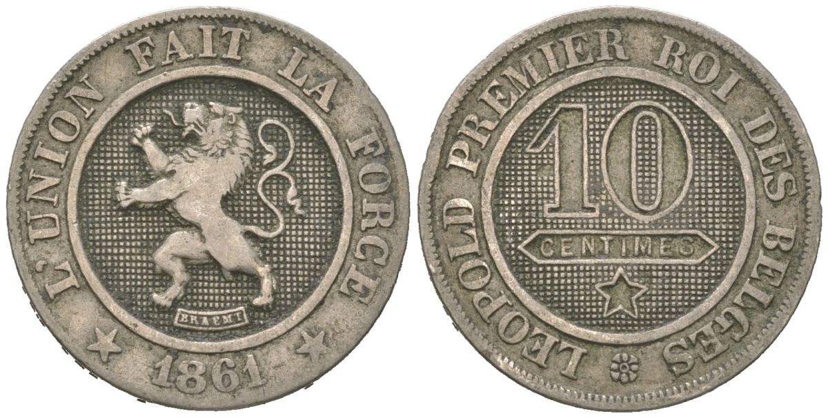 Бельгия 10 сантимов 1861 Леопольд I (1831-1865) KM 22 медно-никель 4615-663