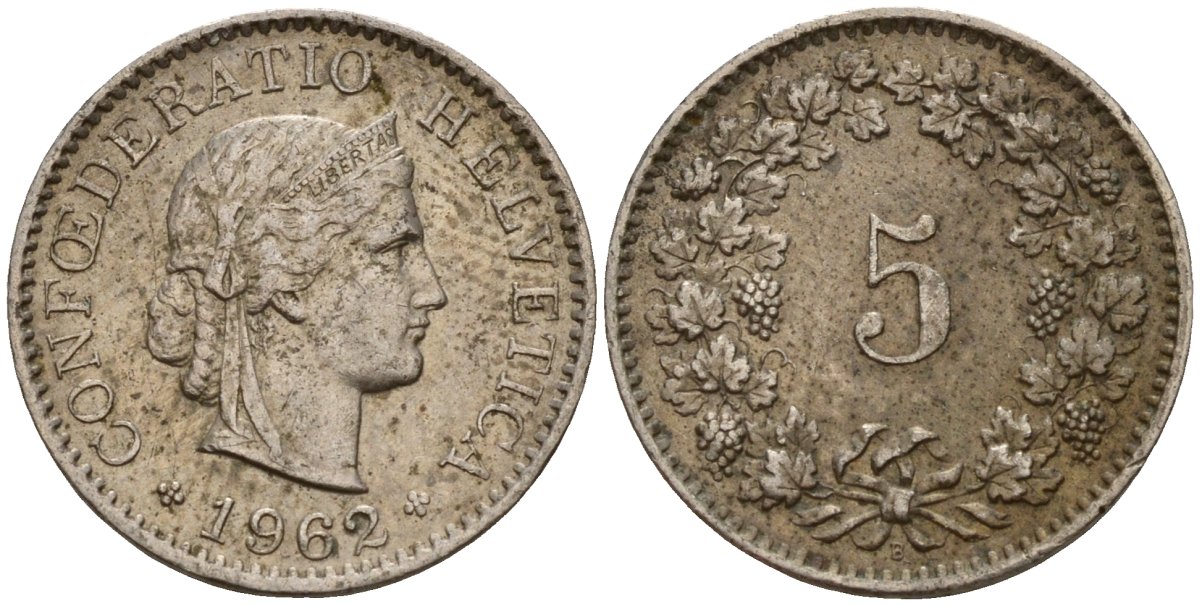 Швейцария 5 раппенов 1962 B KM 26 медно-никель 4189-332