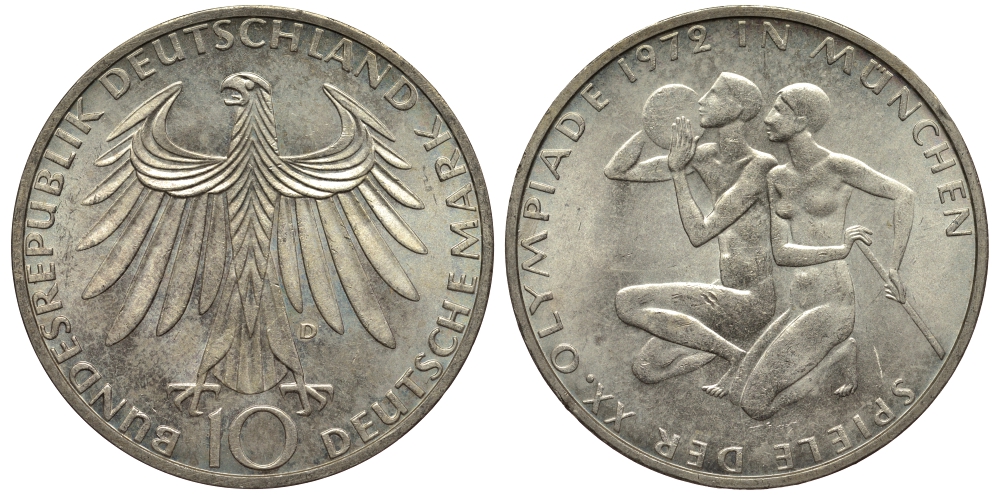 ФРГ 10 марок 1972 D, XX летние Олимпийские Игры, Мюнхен 1972, спортсмены KM 132, J.403 серебро UNC 413-4842