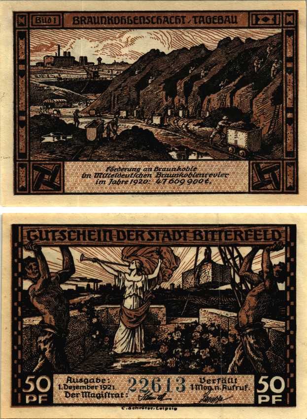БИТТЕРФЕЛЬД 50 ПФЕННИГОВ 1921 НОТГЕЛЬД, 1 ДЕКАБРЯ 1921, ЗЕМЛЯ САКСОНИЯ-АНХАЛЬТ, BILD 1 Grabowski 111.3 бумага 6318-46-3-1