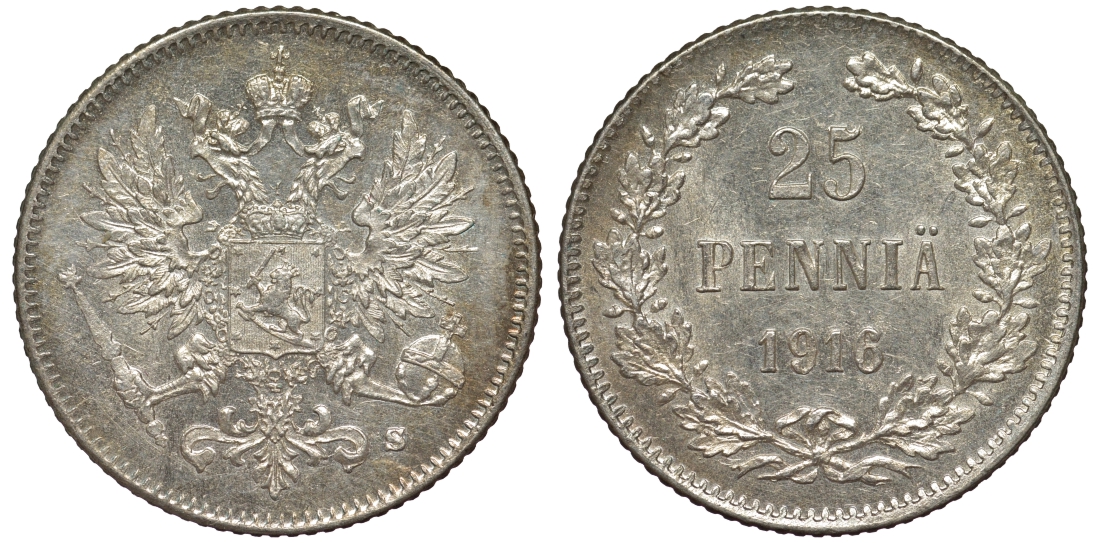 Россия для Финляндии 25 пенни 1916 S, Николай II (1894-1917) KM 6.2, Биткин 421 серебро 75-1243