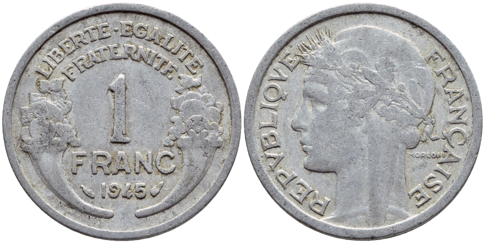 ФРАНЦИЯ 1 ФРАНК 1945 KM 885а.1 алюминий 4397-647