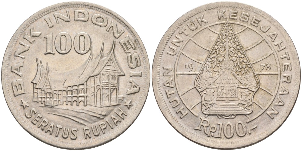 Индонезия 100 рупий 1978 хижина Минангкабау, легендарное Дерево Жизни KM 42 медно-никель UNC 84-1321