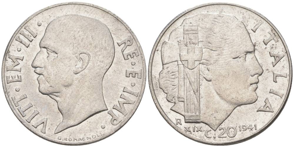 ИТАЛИЯ 20 ЧЕНТЕЗИМО 1941 R, ГОД XIX, ВИКТОР ЭММАНУИЛ III (1900-1946) KM 75b, VEM3. 1028 нержавеющая сталь 3853-1114