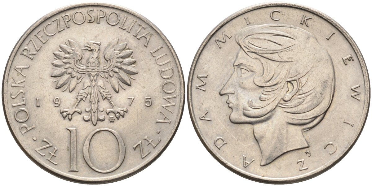 Польша 10 злотых 1975 MW, Адам Мицкевич (1798-1855) KM 74, Parchimowicz 242a медно-никель 4556-1233