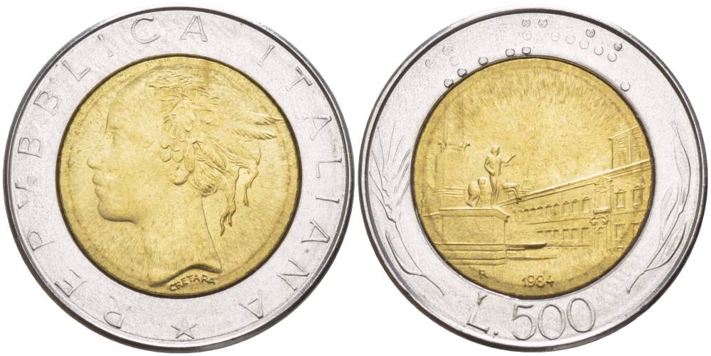ИТАЛИЯ 500 ЛИР 1984 R, КРИВИНАЛЬСКИЙ ДВОРЕЦ В РИМЕ KM 111 биметалл 4551-541