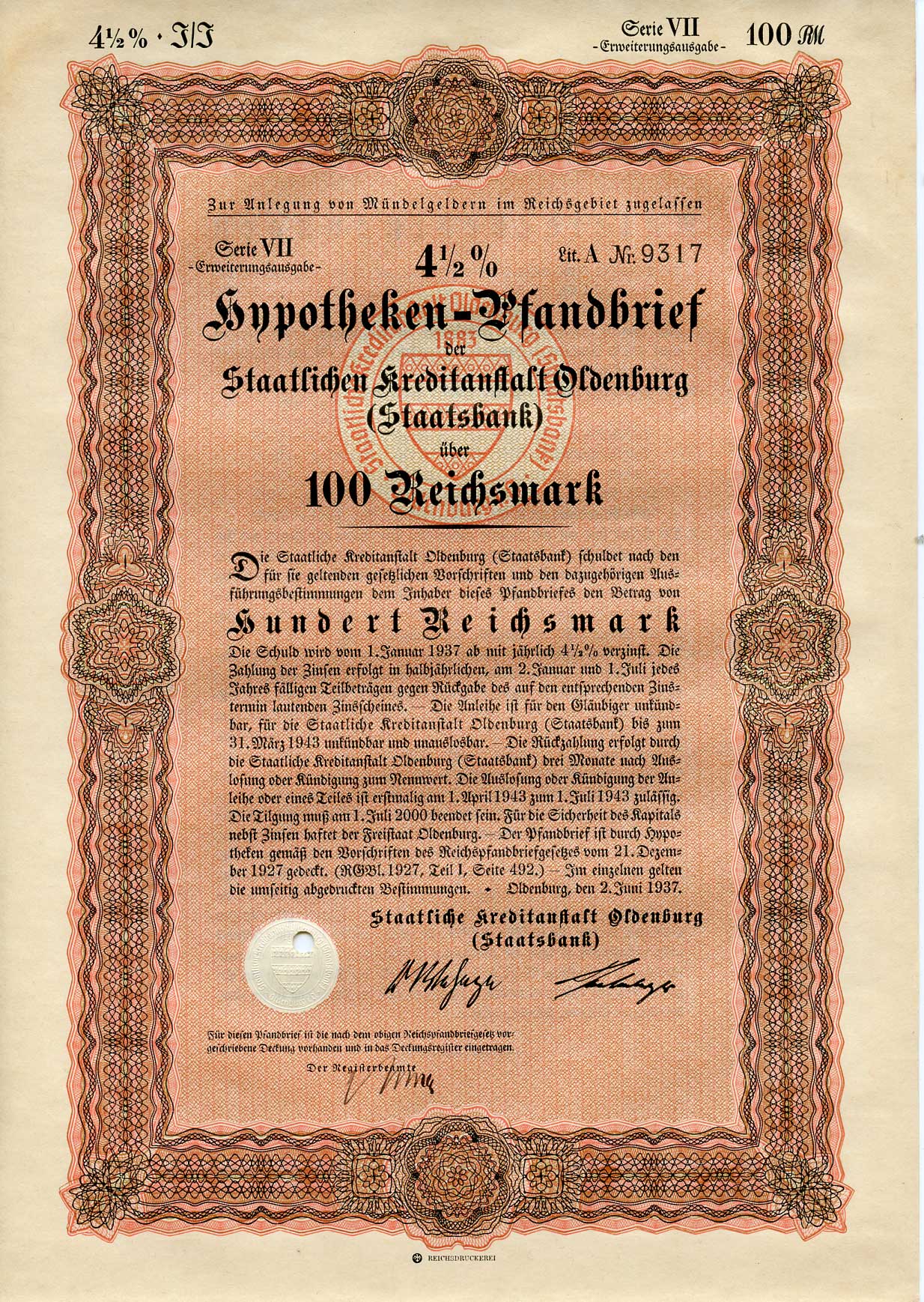 Германия 100 рейхсмарок 1937 Государственное кредитное учреждение Ольденбурга (Государственный банк), ипотечный залог под залог 4-1/2%, облигация   бумага   8802-25-1