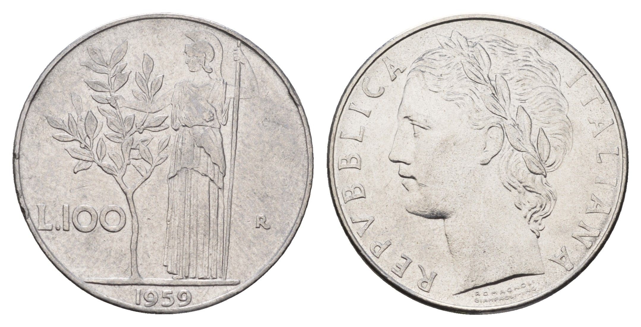 Италия 100 лир 1959 R, Афина у оливкого дерева KM 96.1 нержавеющая сталь 3336-814