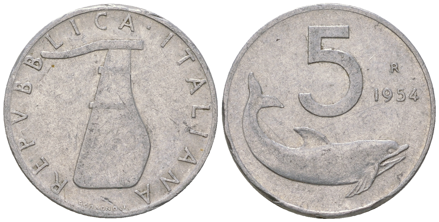 Италия 5 лир 1954 R, руль, дельфин KM 92 алюминий 4576-845
