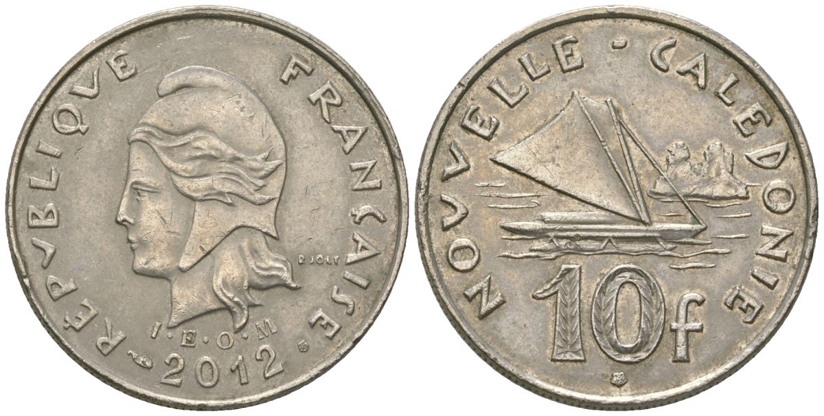 Французская Новая Каледония 10 франков 2012 рыбачья парусная лодка, (IEOM) KM 11a, Schoen 13a, Lec 99k медно-никель 65-543