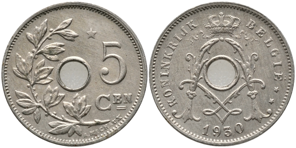 БЕЛЬГИЯ 5 САНТИМОВ 1930 BELGIE KM 94 никель латунь 76-226