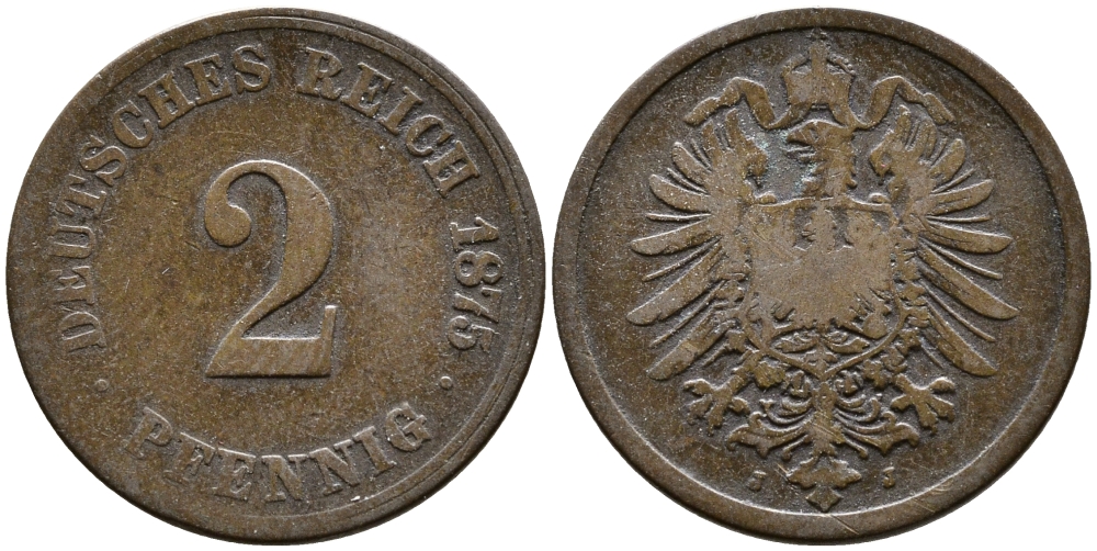 ГЕРМАНИЯ 2 ПФЕННИГА 1875 J, СТАРОГЕРБОВКА KM 2, J.2 медь 54-1346