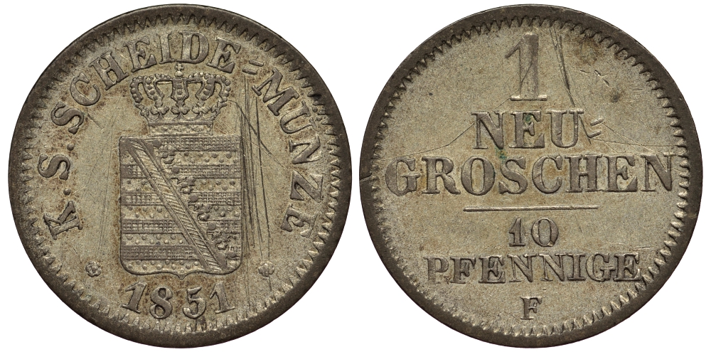 Саксония 1 новый грош - 10 пфеннигов 1851 Фридрих Август II (1797-1854) KM 1159, J. 82 серебро aUNC 413-4641