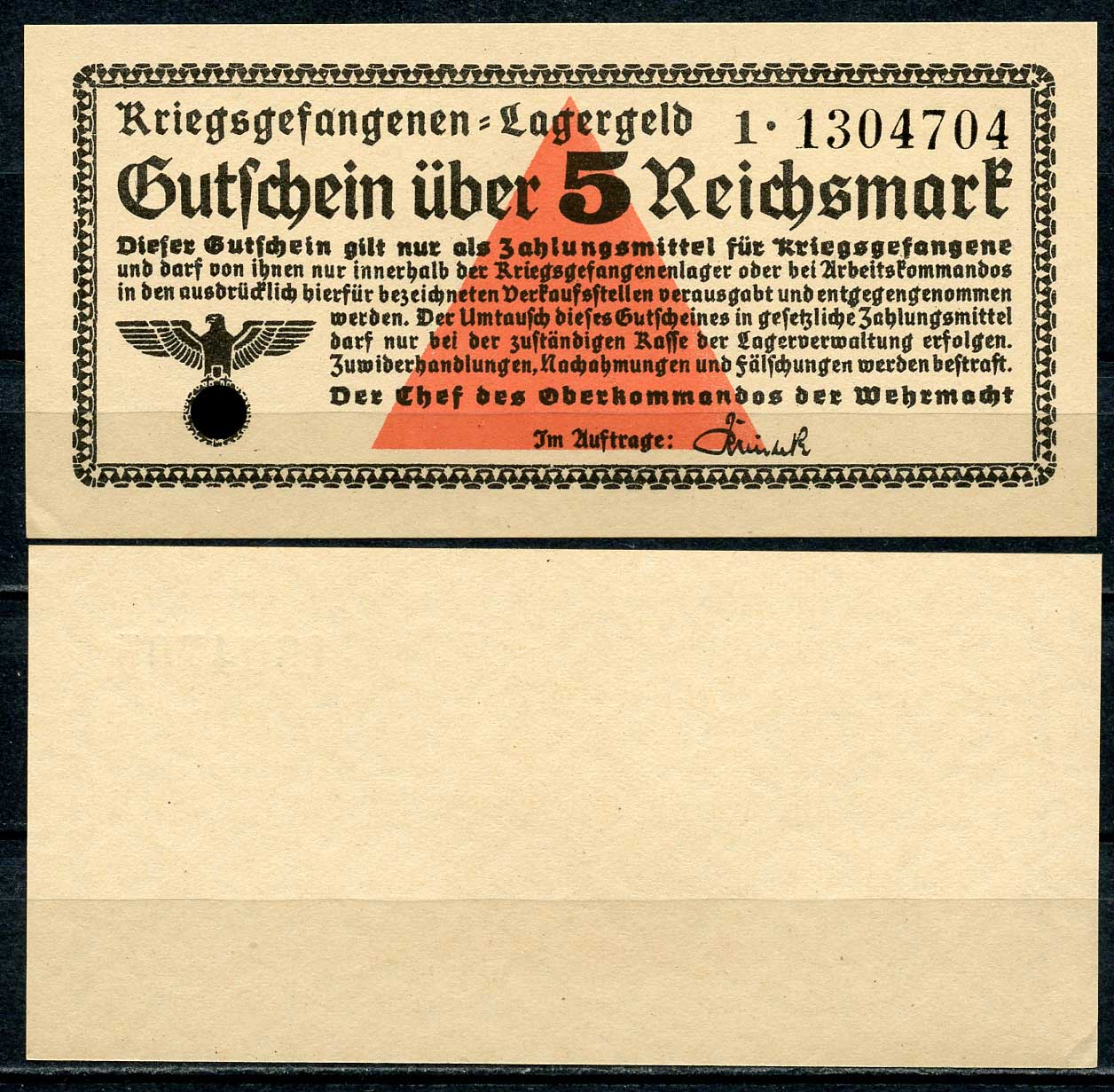 Германия 5 рейхсмарок 1939-1945 лагерные деньги, серия 1, 7 значный номер Розенберг 520 b бумага UNC (пресс) 000-00-00