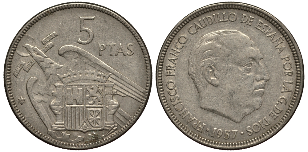 ИСПАНИЯ 5 ПЕСЕТ 1957 (64) ФРАНСИСКО ФРАНКО ДИКТАТОР ИСПАНИИ (1939-1975) KM 786 медно-никель F 4182-431