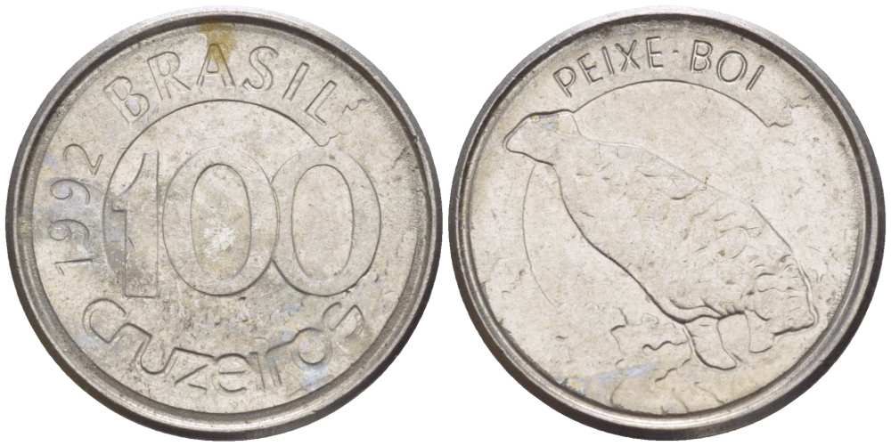БРАЗИЛИЯ 100 КРУЗЕЙРО 1992 РЕФОРМА 1990-1993, ЛАМАНТИН KM 623 нержавеющая сталь 4392-1357