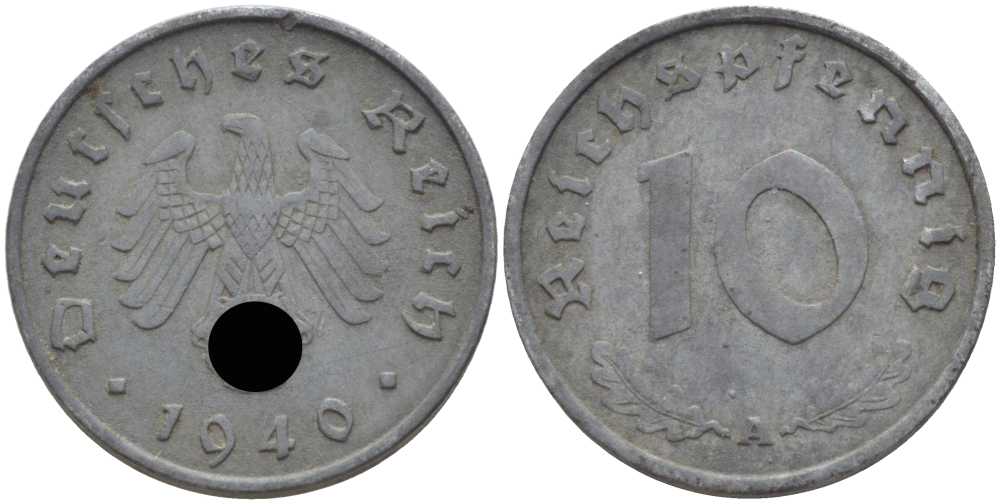 ГЕРМАНИЯ 10 РЕЙХСПФЕННИГОВ 1940 A KM 101, J. 371 цинк 4401-825