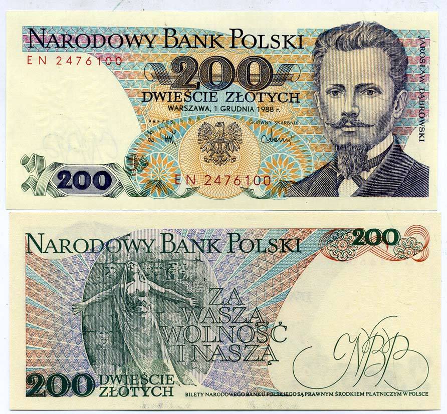 ПОЛЬША 200 ЗЛОТЫХ 1988 1 ДЕКАБРЯ 1988, ЯН ГЕНРИК ДОМБРОВСКИЙ Pick 144с бумага UNC (ПРЕСС) 7548-37-2