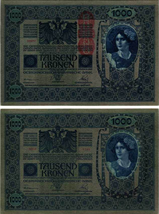 АВСТРИЯ 1000 КРОН 1919 КРАСНАЯ ВЕРТИКАЛЬНАЯ НАДПЕЧАТКА НА 1902 Pick 59 бумага аUNC 3295-123-1
