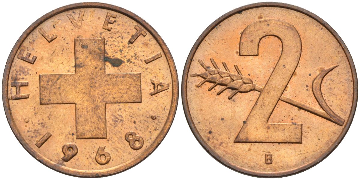 Швейцария 2 раппена 1968 В KM 47 бронза UNC 4573-521