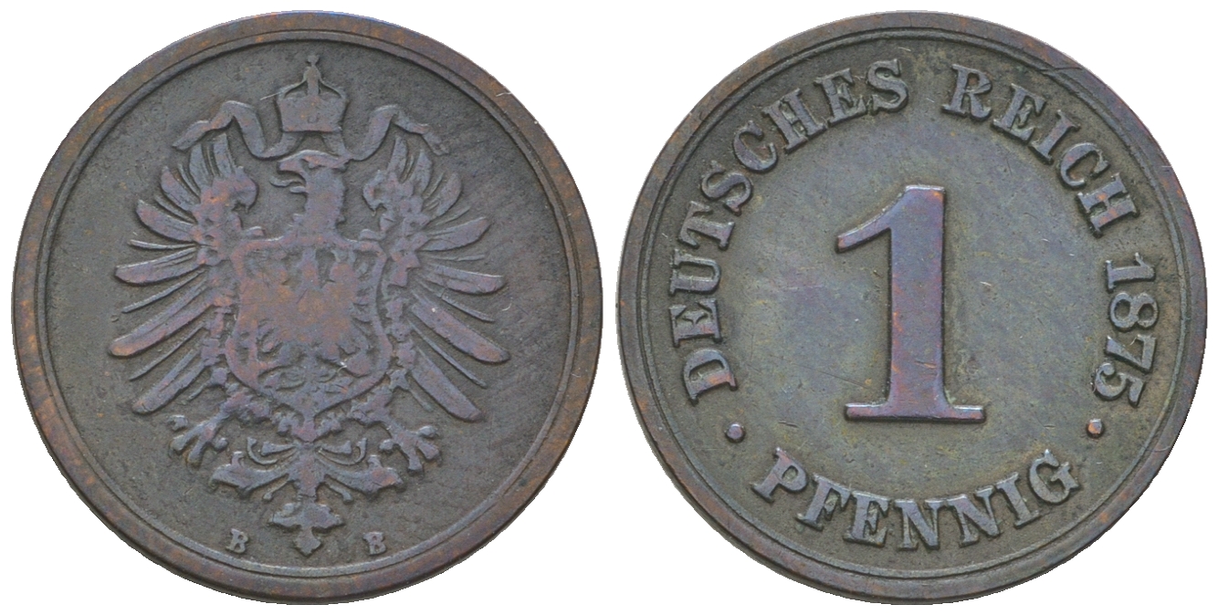 Германия 1 пфенниг 1875 В, старогербовка KM 1, J. 1 медь 4385-623