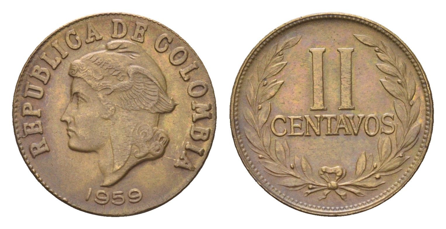 Колумбия 2 сентаво 1959 KM 214 алюминиевая бронза 4664-128