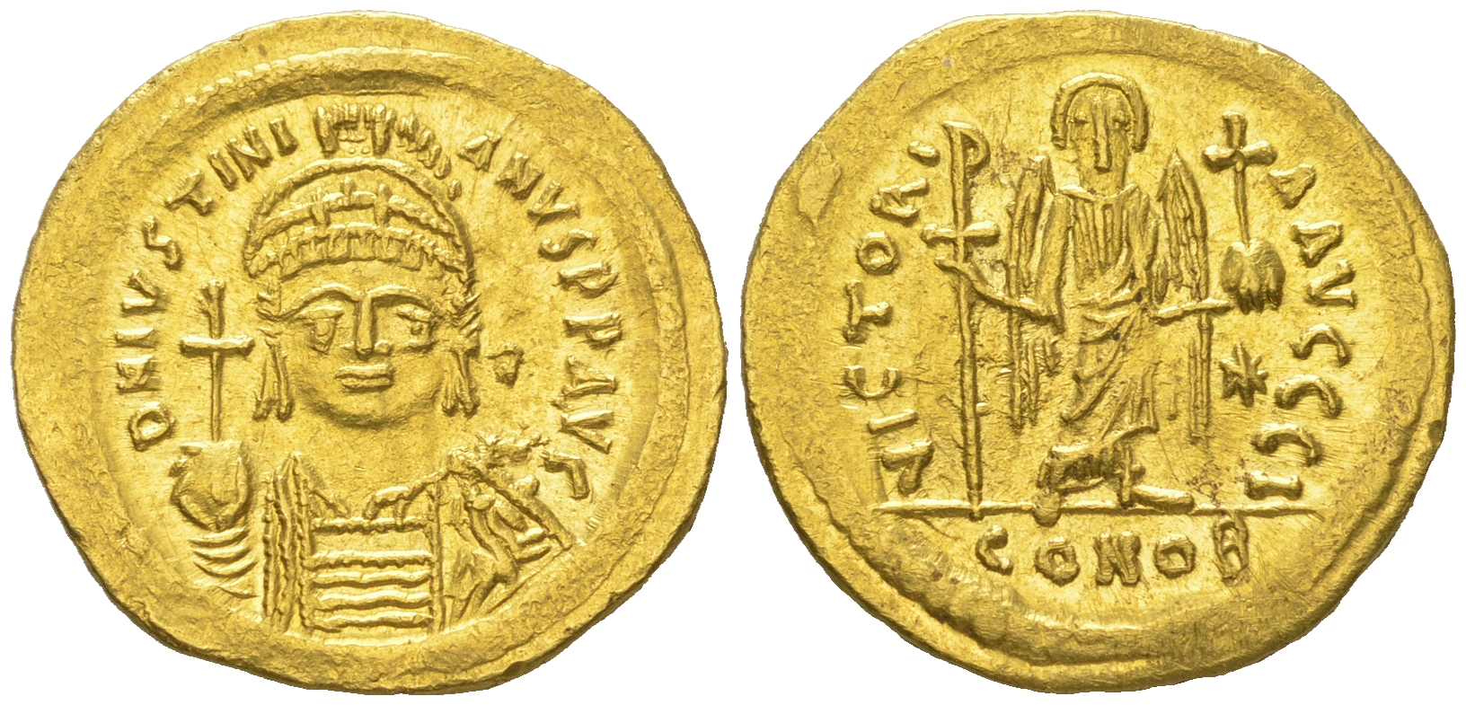 Византийская Империя солид 527-565 Юстиниан, DN IVSTINIANVS PP AVG, бюст императора анфас/VICTORIA AVGGGI, Виктория с крестом и державой, Константинополь, 4,46 гр, extremely fine Sear 140 золото 10-020-81