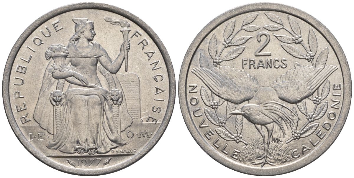Французская Новая Каледония 2 франка 1977  KM 14 алюминий  UNC  4610-457
