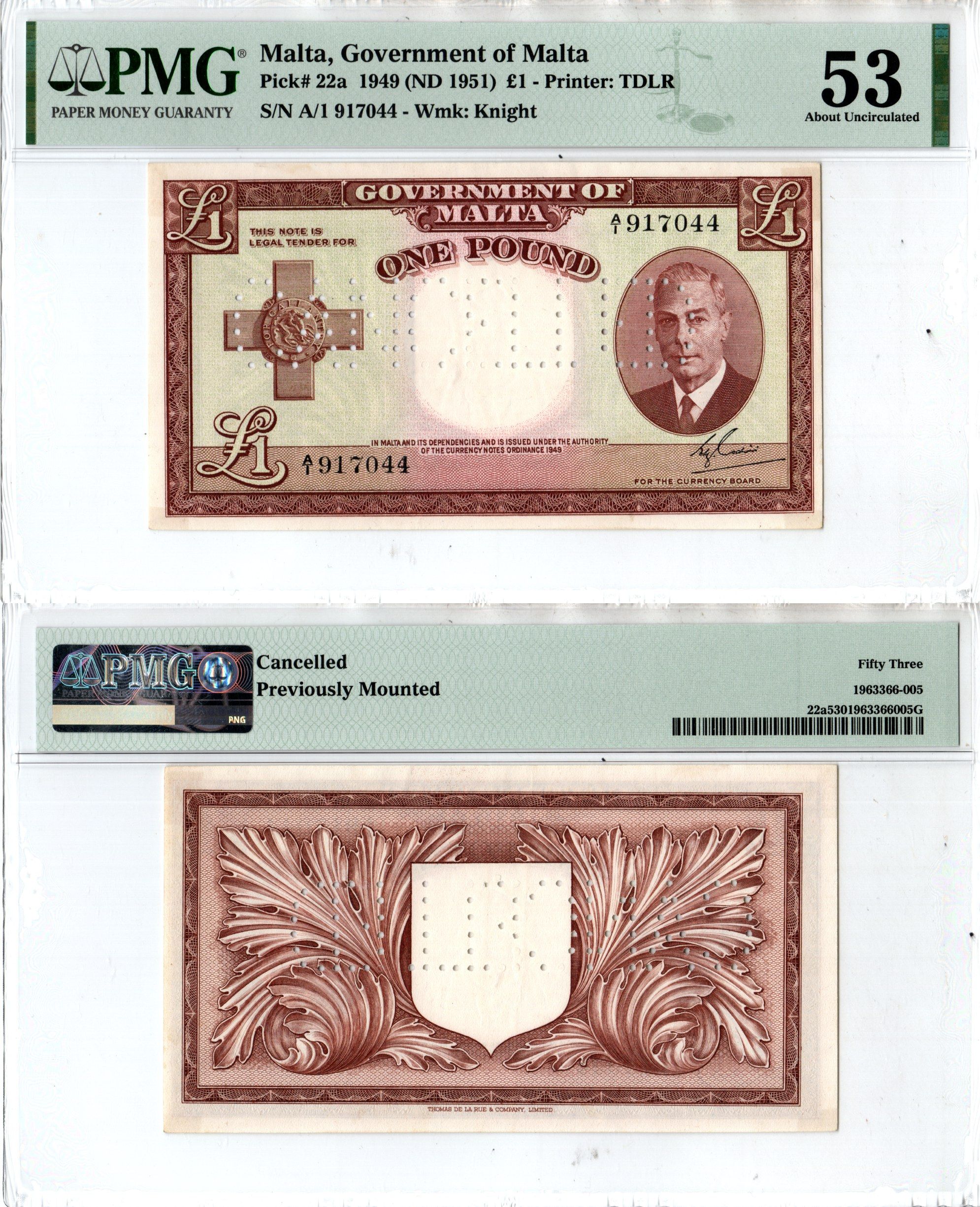 Мальта 1 фунт 1949 (1951) в слабе компании PMG. Сохранность - 53, перфорация "CANCELLED" Pick 22 a бумага 452-3-40