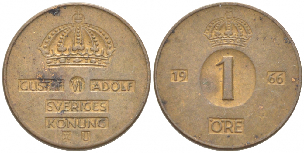 Швеция 1 эре 1966 Густав VI Адольф (1950-1973) KM 820 бронза 3955-312