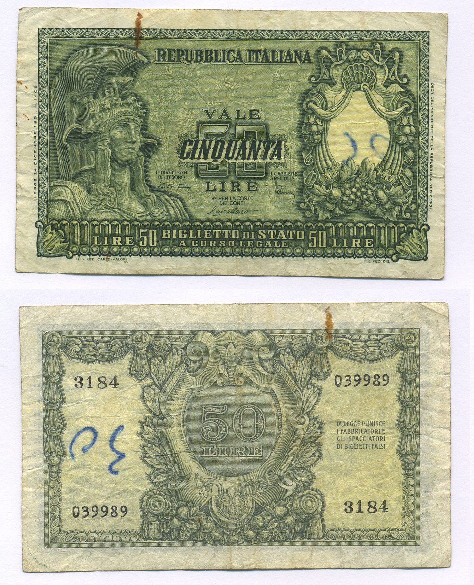 Италия 50 лир 1951 Афина Pick 91b бумага 7146-15-3-1