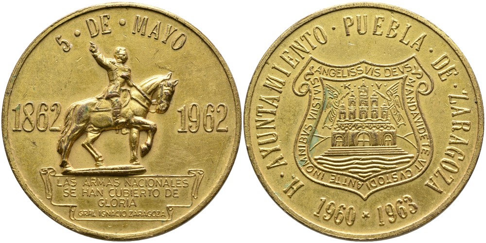 МЕКСИКА МЕДАЛЬ 1963 5 МАЯ ДЕНЬ НЕЗАВИСИМОСТИ МЕКСИКИ, ДЕНЬ ПОБЕДЫ ПРИ ПУЭБЛО, ПАМЯТНИК ГЕНЕРАЛУ ИГНАСИО САРАГОСЫ, ДИАМЕТР 34,5 ММ. жёлтый металл 4527-1022