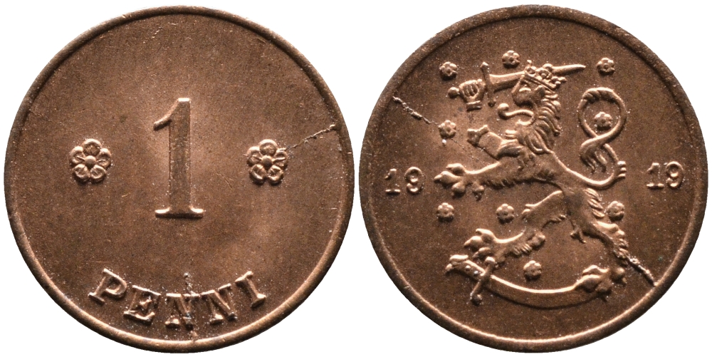 ФИНЛЯНДИЯ 1 ПЕННИ 1919 ПЕРВЫЙ ГОД KM 23 медь 4387-365
