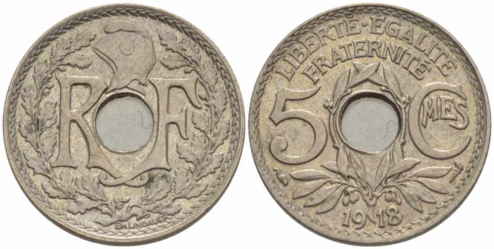 ФРАНЦИЯ 5 САНТИМОВ 1918 ТИП ЛИНДАЙЁ KM 865, LE FRANC 121.2 медно-никель 28-332