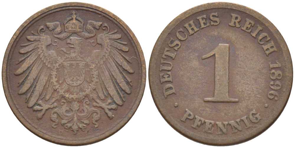 ГЕРМАНИЯ 1 ПФЕННИГ 1896 D KM 10, J. 10, Weege 2 медь 211-216