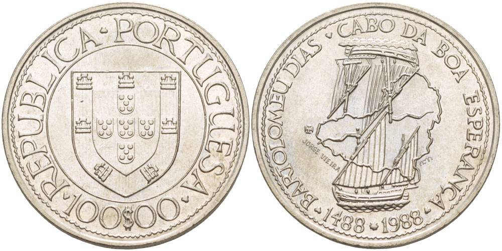 Португалия 100 эскудо 1988 серия золотой век португальских открытий, Бартоломеу Диаш KM 642 медно-никель UNC 4537-522