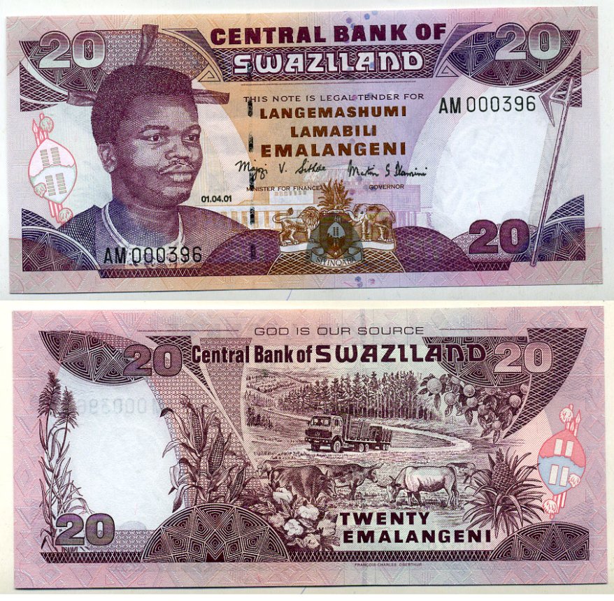 Свазиленд 20 емалангени 2001 Pick 30 a бумага UNC (пресс) 000-00-00