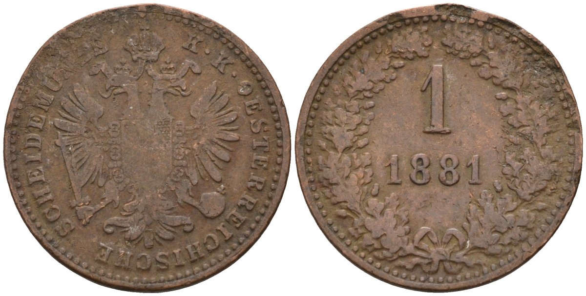 Австрия 1 крейцер 1881 Франц Иосиф (1848-1916) KM 2186 медь 4151-1256