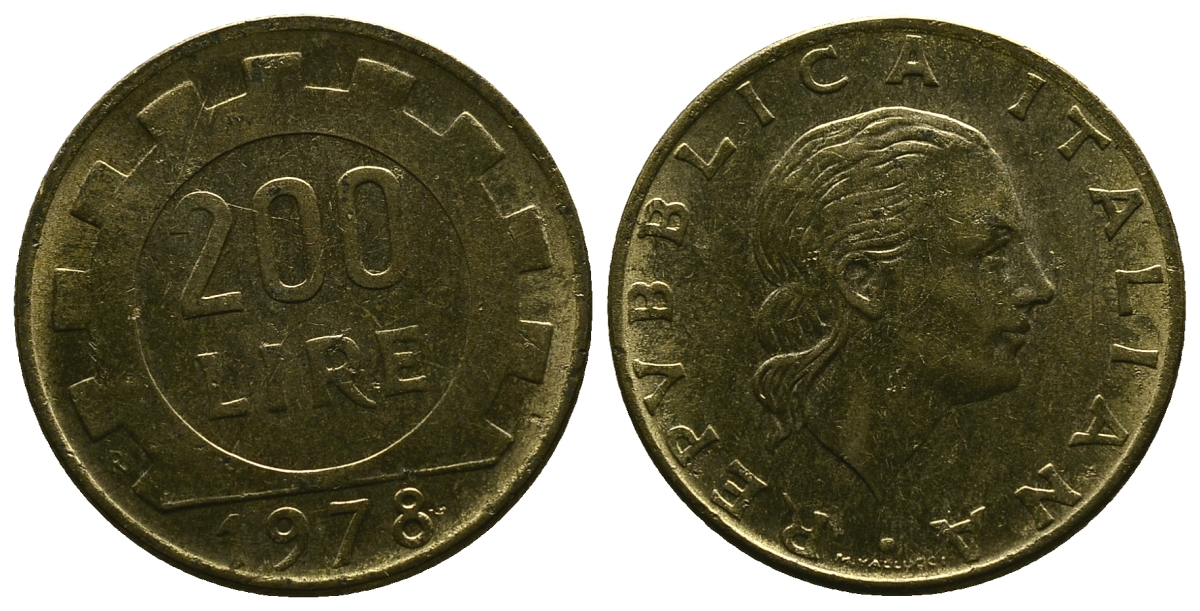 Италия 200 лир 1978 R, шестерня KM 105 алюминиевая бронза 4384-1123