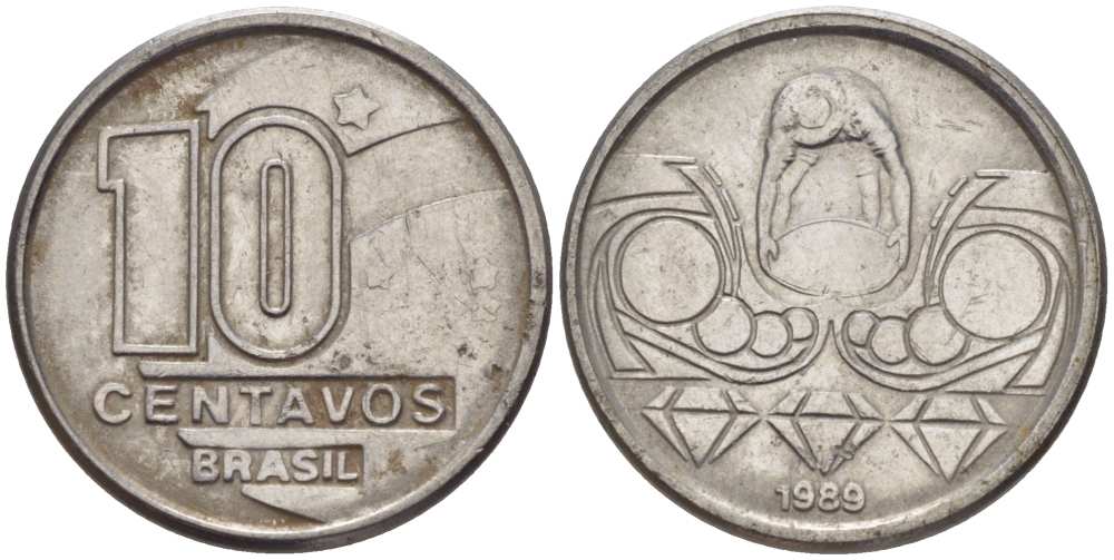 Бразилия 10 сентаво 1989 золотодобыча KM 613 нержавеющая сталь 116-849