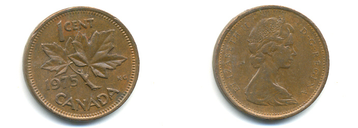 Канада 1 цент 1975 Елизавета II (1952-2022), кленовый лист KM 59.1 бронза 177-1343